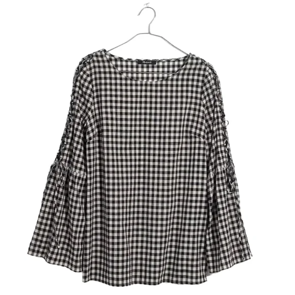 Madewell Gingham Lace-Up Black & White Plaid Bell Sleeve Top - Picture 2 of 9